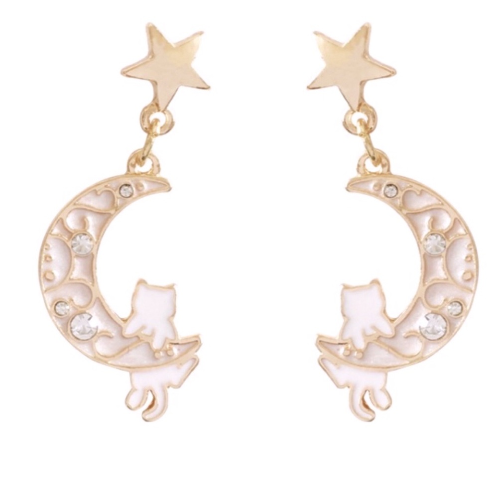 Cat and Moon Drop Earrings